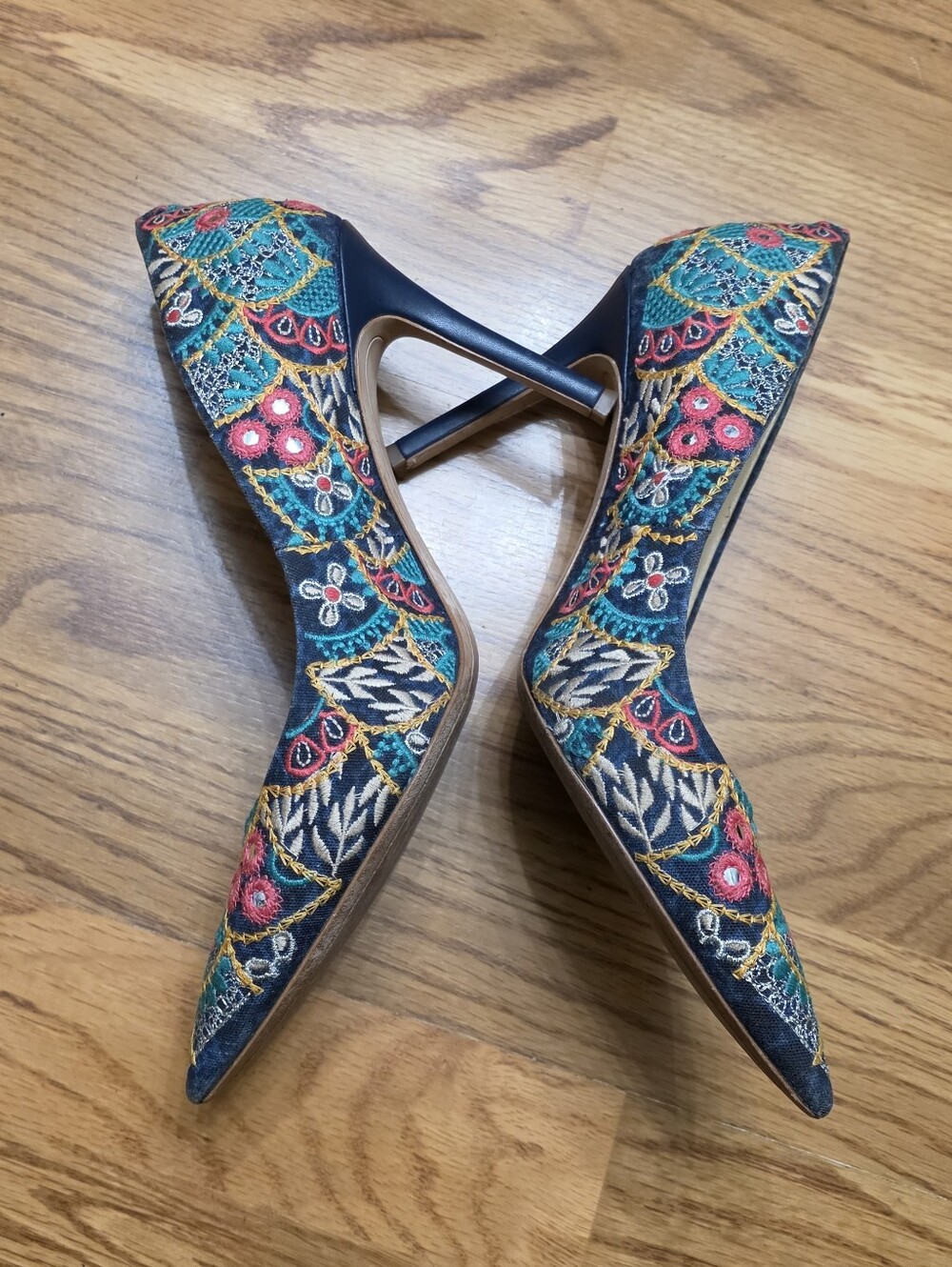 Sam Edelman Teal Floral Embroidered Pointed-Toe Heels - Picture 4 of 14